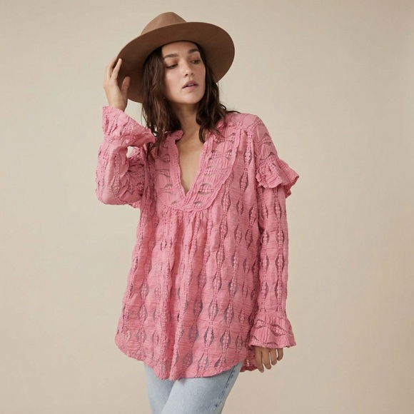 Free People Tops - $128 NEW Free People  Candy Shop Lace Texture Tunic V-neckline Ruffle accents S
